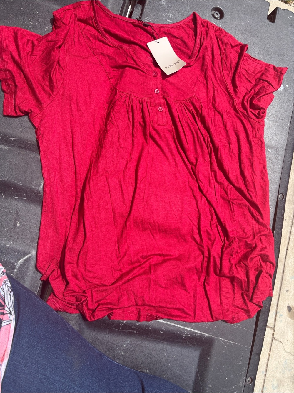 Women’s Short Sleeve Henley Blouse - Red
